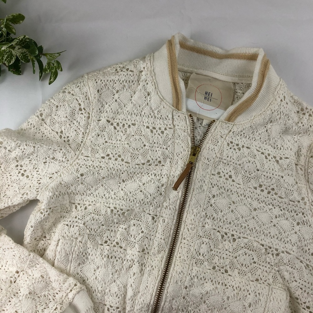 XS Hei Hei Cleo Cream Lace Zip Up Bomber Jacket